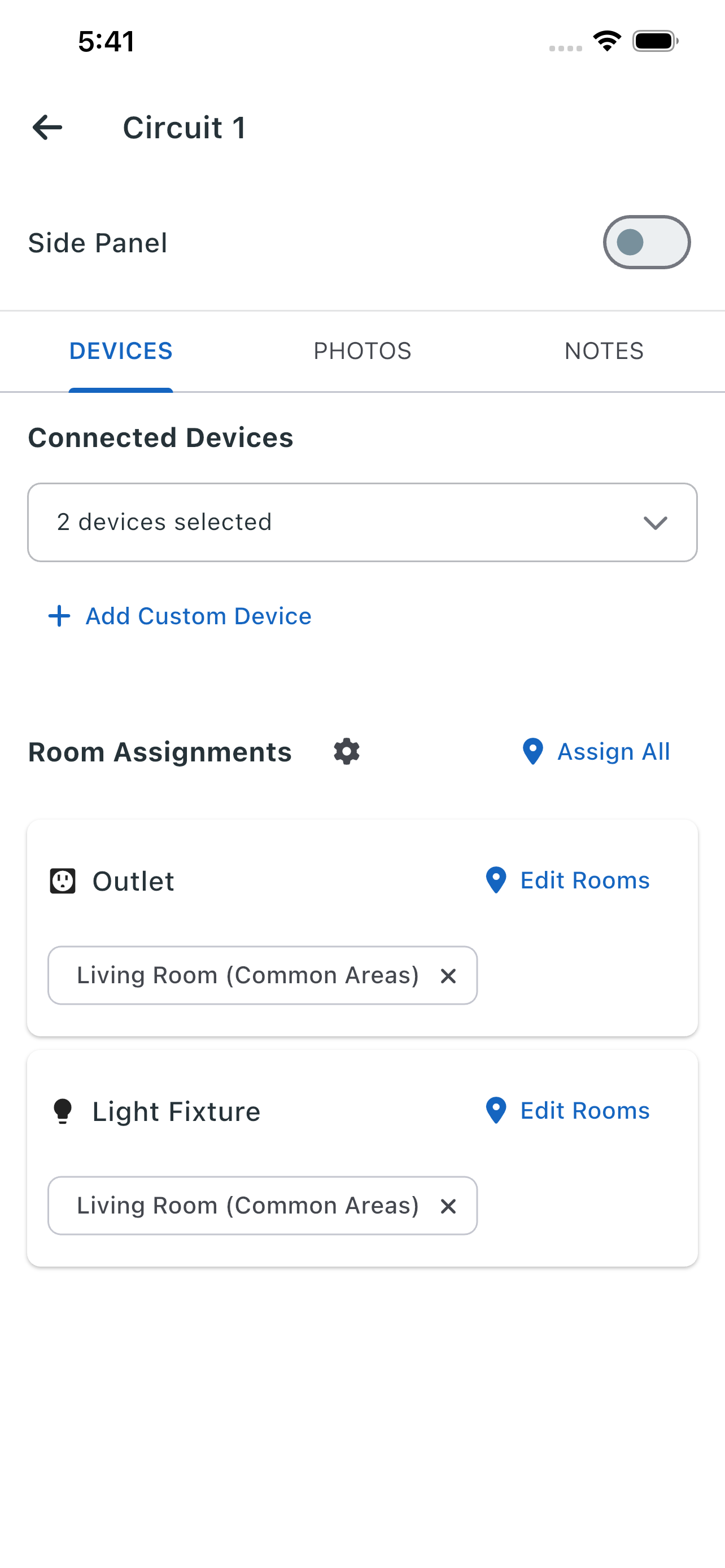 Breaker Map circuit detail with devices, photos, and notes